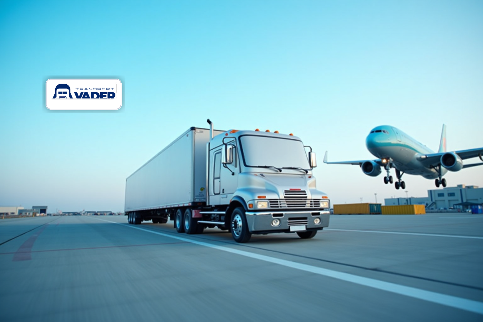 American semi truck and airplane with Vader logo in top left corner for featured image